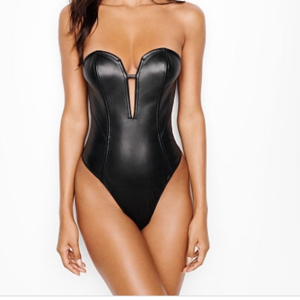 Victoria’s Secret black leather bodysuit.